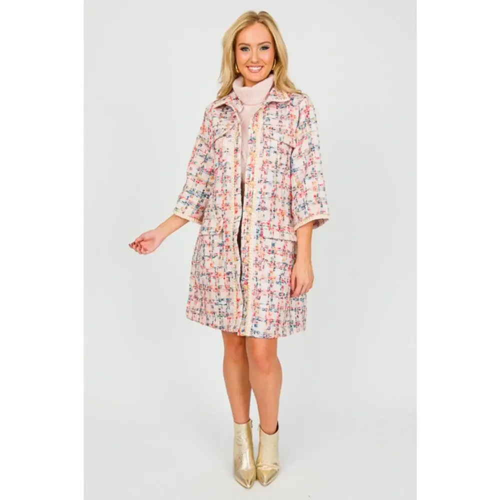 Easel Tweed Belted Shirt Dress/Coat, Teal Blush - Picture 5 of 11